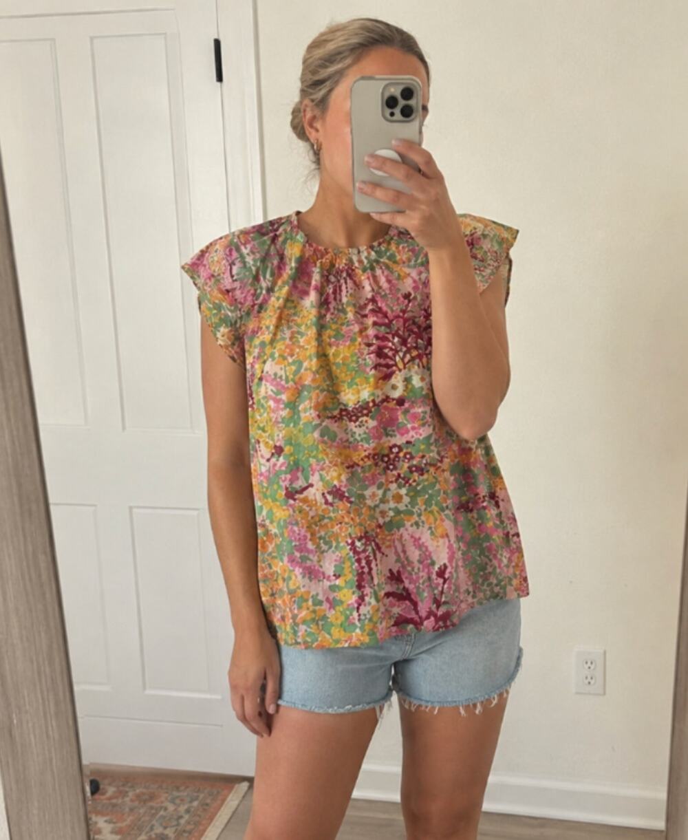 BANJANAN Floral Flutter Sleeve Blouse in Pink Size Small